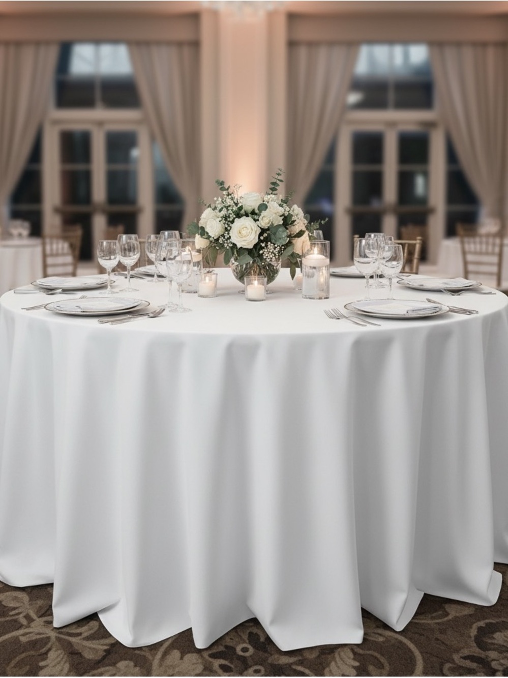 Two Elegant White 120” inch Round Tablecloth for Dining & Events.